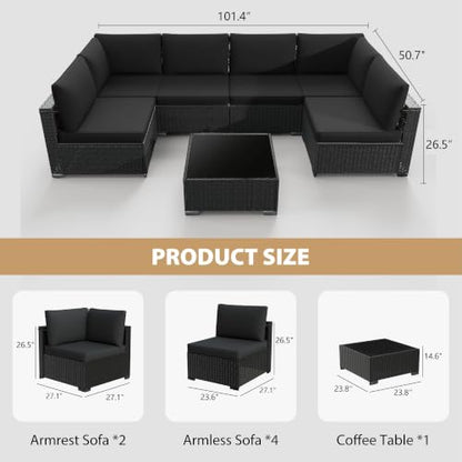 7-Piece Patio Furniture Set, All-Weather PE Rattan Outdoor Sectional Sofa, Modular Wicker Conversation Set with Thick Washable & Easy-Clean Coffee Table（Black/Black-X）