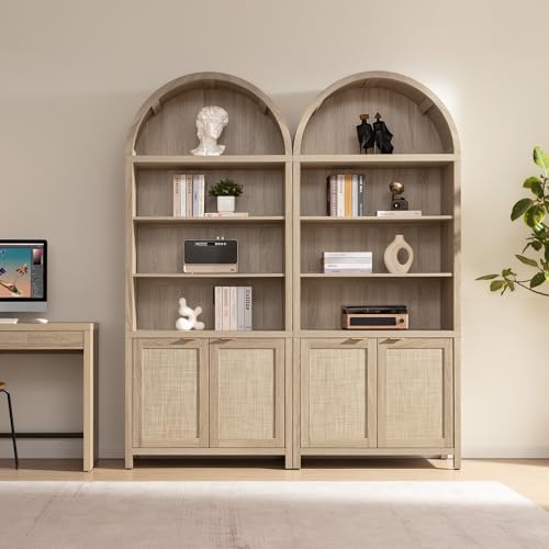 84.2" Tall Arched Bookcase with Doors - 5 Tier Rattan Bookshelf, view 3