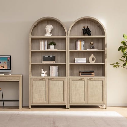 84.2" Tall Arched Bookcase with Doors - 5 Tier Rattan Bookshelf, view 3