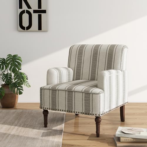 Accent Chair, Mid Century Modern Comfy Armchair for Living Room, Linen Fabric Single Sofa Lounge for Reading Bedroom Apartment Waiting Room with Wood Legs (Brown Stripe, Set of 1)