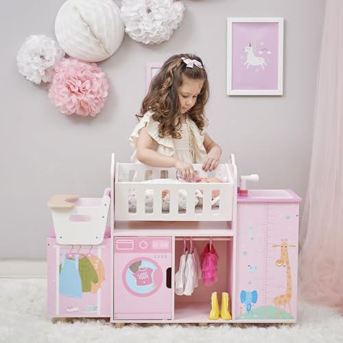 Olivia's Little World Amanda 6-in-1 Wooden Doll Nursery Station, Pink/Multi | Rocking Cradle, High Chair, Storage, Washing Machine and Sink, For 3 yrs and up