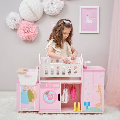 Olivia's Little World Amanda 6-in-1 Wooden Doll Nursery Station, Pink/Multi | Rocking Cradle, High Chair, Storage, Washing Machine and Sink, For 3 yrs and up