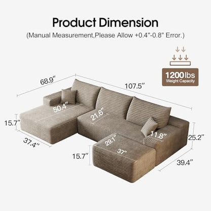 107" Comfy U-Shaped Sectional Modern Boneless Corduroy Couch with Chaise ‌and Ottoman‌ - No Assembly Required! Deep-Seat, Upholstered Modular Cloud Sofa for Living Room, Plush Corduroy Fabric(Camel)