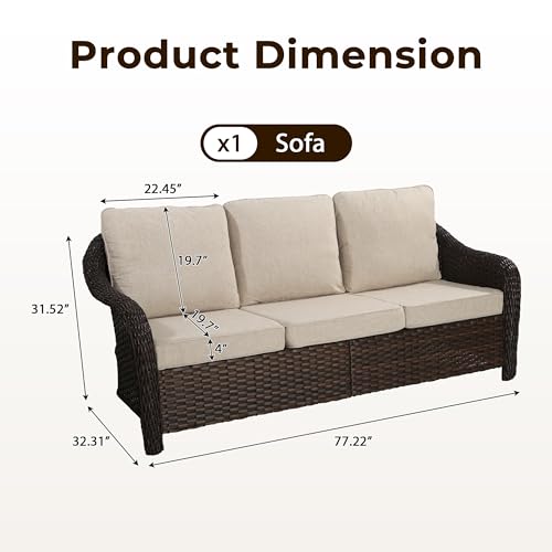 77 inch Outdoor Wicker 3 Seater Sofa, All-Weather Use Patio Rattan Sofa with Seat and Back Cushion, Ideal for Porch, Backyard, Balcony, Poolside, Beige