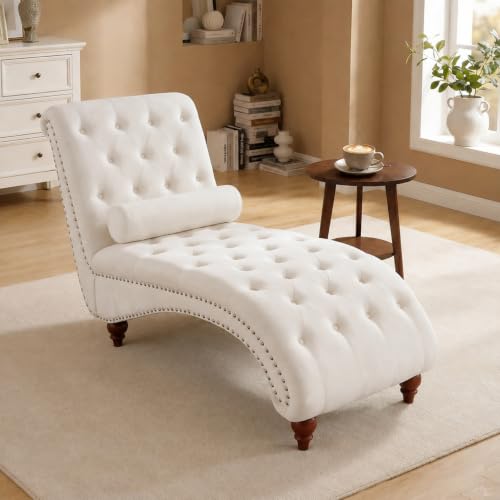 Velvet Tufted Chaise Lounge, Upholstered Sofa Chair with Wood Legs Beige, view 2