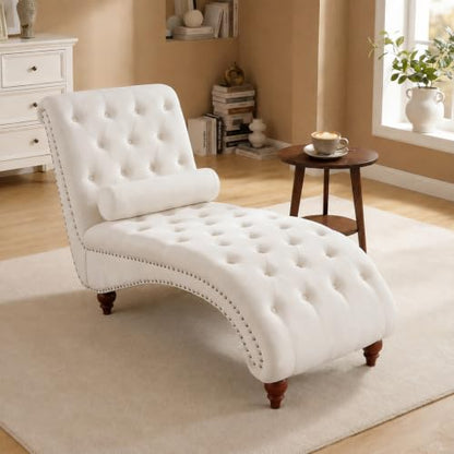 Velvet Tufted Chaise Lounge, Upholstered Sofa Chair with Wood Legs Beige, view 2