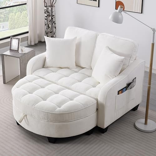 51" Sleeper Sofa Bed, Corduroy Chaise Lounge with Ottoman, White, view 2