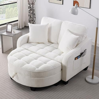 51" Sleeper Sofa Bed, Corduroy Chaise Lounge with Ottoman, White, view 2