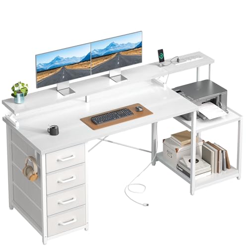 55 Inch Computer Desk with 4 Drawers, Office Desk with Power Outlets, Printer Shelf & Storage Shelves, Large Writing Study Table for Home, Bedroom, Study or Gaming Setup, White