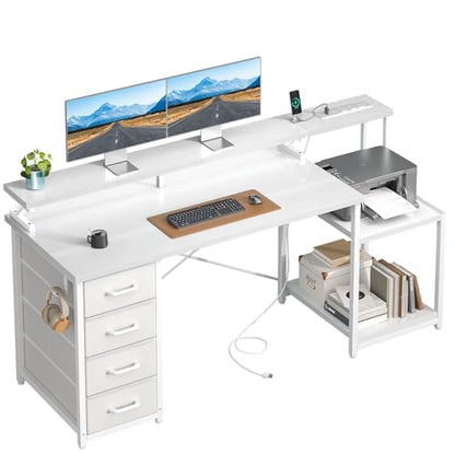 55 Inch Computer Desk with 4 Drawers, Office Desk with Power Outlets, Printer Shelf & Storage Shelves, Large Writing Study Table for Home, Bedroom, Study or Gaming Setup, White