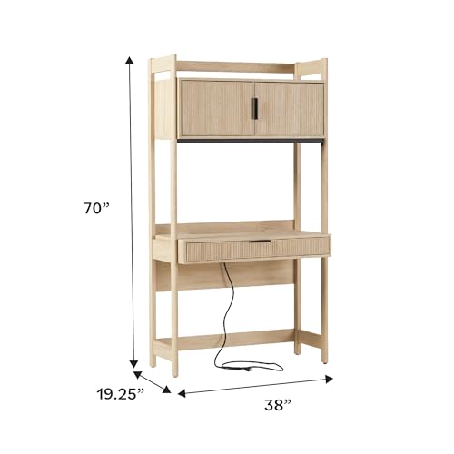 Modern Transitional Interior Design Reeded Desk with Hutch and Drawers, Built-in Tech, Desk with Cord Management, Storage for Small Living Spaces, 38”W x 19”D x 70”H, Coastal Oak