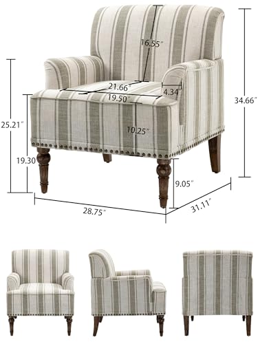 Accent Chair, Mid Century Modern Comfy Armchair for Living Room, Linen Fabric Single Sofa Lounge for Reading Bedroom Apartment Waiting Room with Wood Legs (Brown Stripe, Set of 1)