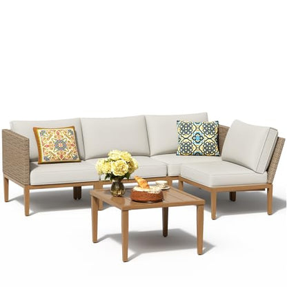 5 Piece Wicker Patio Sectional Furniture Sets Outdoor Sofa Rattan Couch, All Weather Outdoor Conversation Set with Metal Table,5" Cushions for Deck,Poolside,Backyard,Balcony