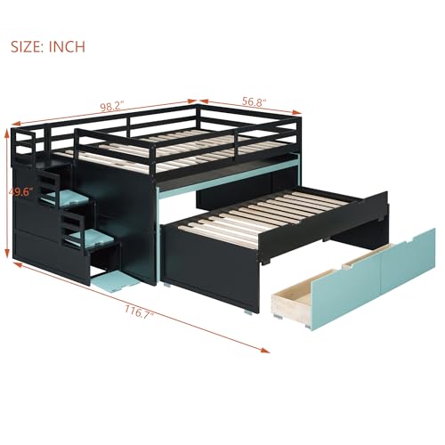 Full XL Loft Bed with Pull-Out Desk and Twin Trundle, 2 Storage Drawers and Storage Steps, Space-Saving Gaming & Workstation Bed Frame with Safety Guardrails for Kids Teens (Black+Blue/Full XL,80)