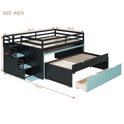 Full XL Loft Bed with Pull-Out Desk and Twin Trundle, 2 Storage Drawers and Storage Steps, Space-Saving Gaming & Workstation Bed Frame with Safety Guardrails for Kids Teens (Black+Blue/Full XL,80)