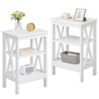 End Table Set of 2, Bedside Table, 24" Tall Living Room End Tables, X-Design Reinforced Nightstands, Side Table with 3-Tier Storage Shelves for Small Spaces, Office, Bathroom, Bedroom, White