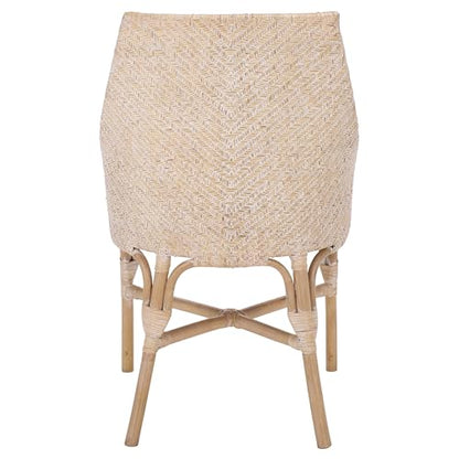 SAFAVIEH Home Collection – Rikan White Washed Rattan Arm Chair with Ivory Seat Cushion, Modern Curved Silhouette, Fully Assembled (ACH4907A)