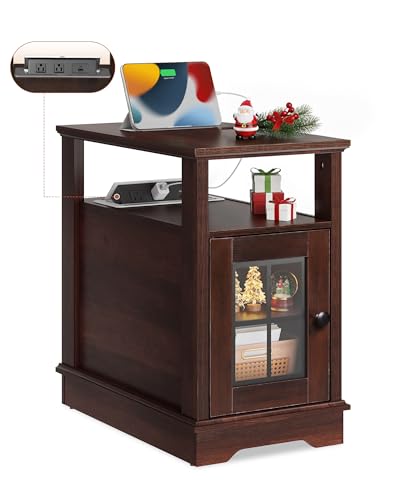 Farmhouse End Table with Charging Station, Narrow Side Table with Storage, Small Nightstand with USB Ports and Outlets ，Bedside Cabine for Bedroom, Living Room,Espresso
