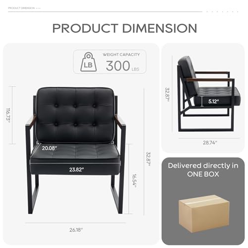 Mid Century Modern Accent Chair Set of 2, Comfy Living Room Chair, Black Leather Accent Chair, Faux Leather Reception Armchair with Metal Legs for Living Room Bedroom Reception Office, Black