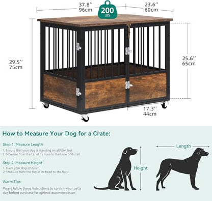 Dog Crate Furniture with Wheels & Double-Doors, Rustic Brown, view 4