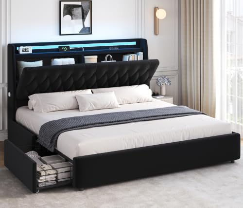 King Size Bed Frame with 2 Storage Drawers & Hidden Headboard, view 2