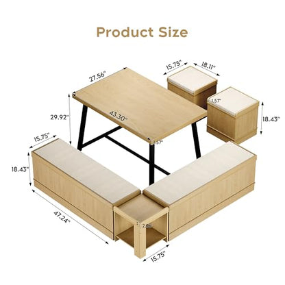 Corner Dining Table Set with Storage, 43" Breakfast Nook Table Set, Corner Booth Dining Table for Kitchen, Banquette Bench with Hidden Storage & 2 Ottomans, Seats 4-6, Natural Wood