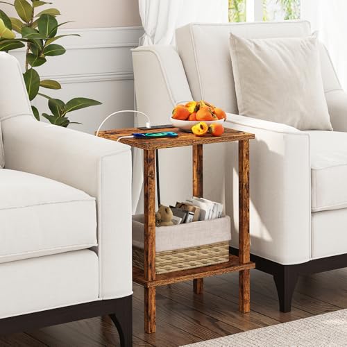 End Table with Charging Station, Set of 2, Small Side Table with Outlets, Nightstand Bedside Table, 2-Tier Storage Shelf for Small Space, Living Room, Bedroom Brown TB01BB041C
