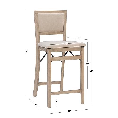 Keira Natural Rustic Wooden Folding 25 Inch Seat Height Counter Stool with Beige Upholstered Seat and Back