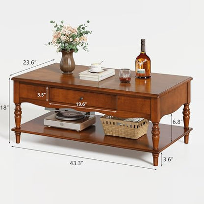 Wooden Coffee Table with Drawers & Storage Shelf, Cherry Brown | 43.3x23.6x17.7in, Vintage Rectangle Center Table with 2 Drawers, Apartment Cocktail Table with Turned Legs for Living Room