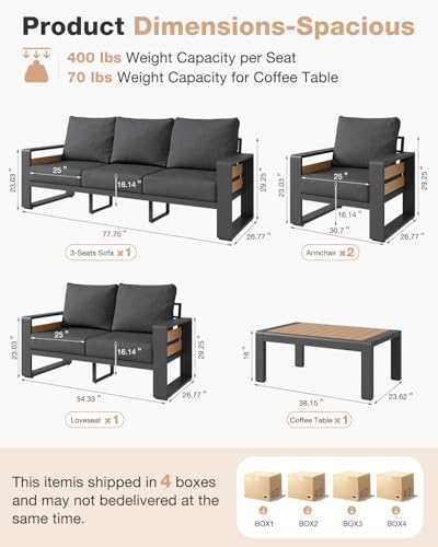 Aluminum Patio Furniture Set, 5 Piece Luxury Outdoor Sectional with 6" Olefin Fabric Cushions, Patio Conversation Sets with Coffee Table and Waterproof Cover for Backyard, Porch Dark Grey
