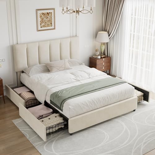 Full Size Bed Frame with 4 Storage Drawers, Adjustable Height Headboard, view 4