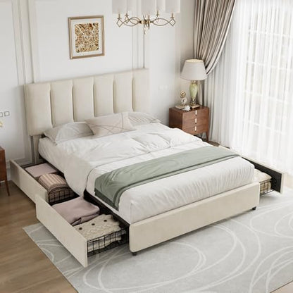 Full Size Bed Frame with 4 Storage Drawers, Adjustable Height Headboard, view 4