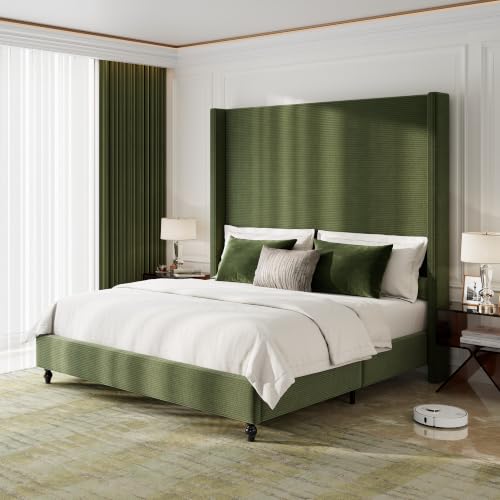 Queen Upholstered Bed Frame with 63" Headboard & Wingback, Green, view 3