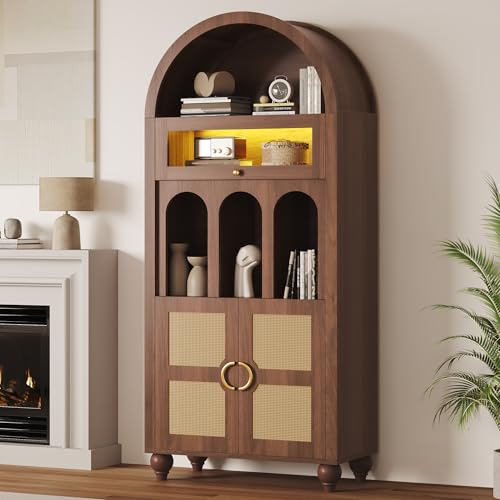 72.8'' Tall Arched Cabinet with LED Light, Rattan Door, Walnut, view 2