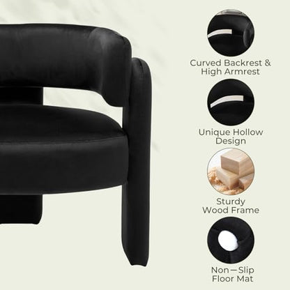 Barrel Accent Chair, Mid Century Modern Upholstered Living Room Chairs with Wooden Legs, Comfy Velvet Reading Arm Chair for Bedroom, Makeup Room, Black