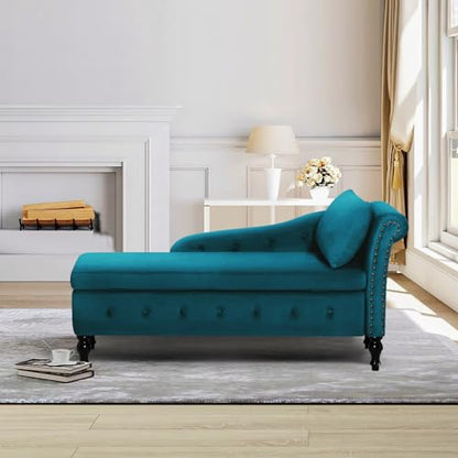 Velvet Chaise Lounge w/Right Armrest & Storage Space, Teal, view 8