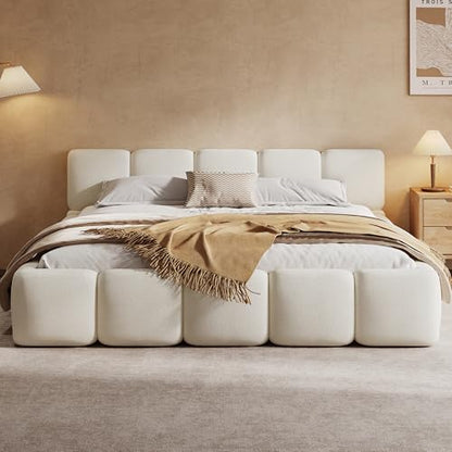 White Bouclé Platform Bed, view 4
