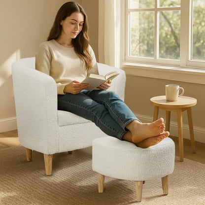 Sherpa Accent Chair with Ottoman, White Fluffy Teddy Barrel Armchair for Cozy Living Room, Small Comfy Chairs for Bedroom, Reading Corner