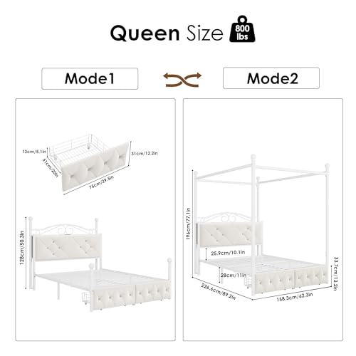 Queen Upholstered Canopy Bed Frame with 2 Drawers & Crystal Tufted Storage, view 3
