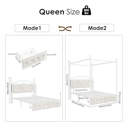 Queen Upholstered Canopy Bed Frame with 2 Drawers & Crystal Tufted Storage, view 3