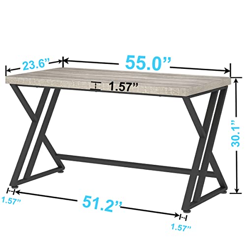 Grey Computer Office Desk, Industrial Wood PC Gaming Gray Desk for Home Office, Modern Wooden Metal Study Work Bedroom Table, Farmhouse Executive Writing Desk with Storage, 55 Inch, Light Grey Oak