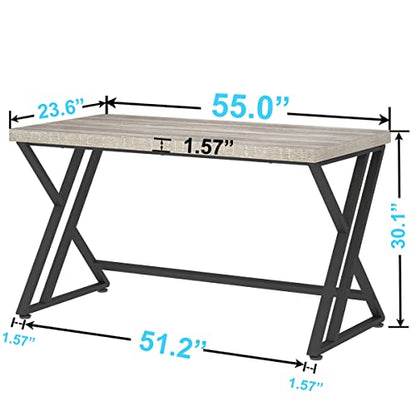 Grey Computer Office Desk, Industrial Wood PC Gaming Gray Desk for Home Office, Modern Wooden Metal Study Work Bedroom Table, Farmhouse Executive Writing Desk with Storage, 55 Inch, Light Grey Oak