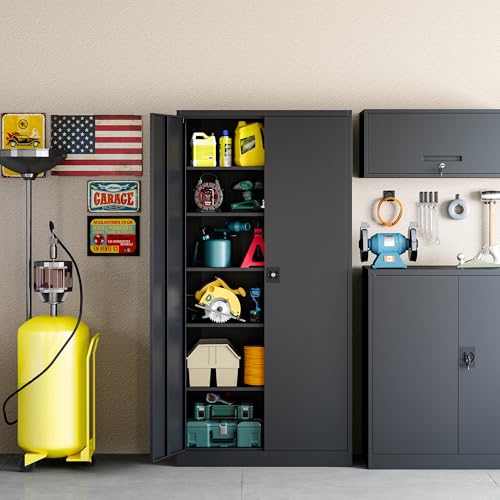 Metal Garage Storage Cabinet with Lock, 71" Locking Tool Cabinet with 2 Doors and 5 Adjustable Shelves, Tall Steel Cabinet Garage for Home,Office,Warehouse，School (Black)