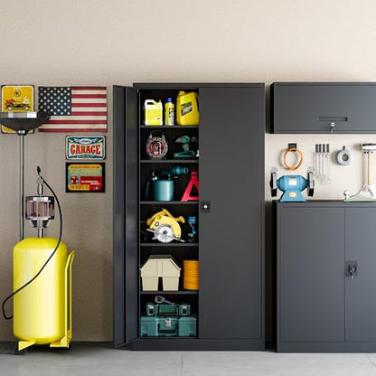 Metal Garage Storage Cabinet with Lock, 71" Locking Tool Cabinet with 2 Doors and 5 Adjustable Shelves, Tall Steel Cabinet Garage for Home,Office,Warehouse，School (Black)