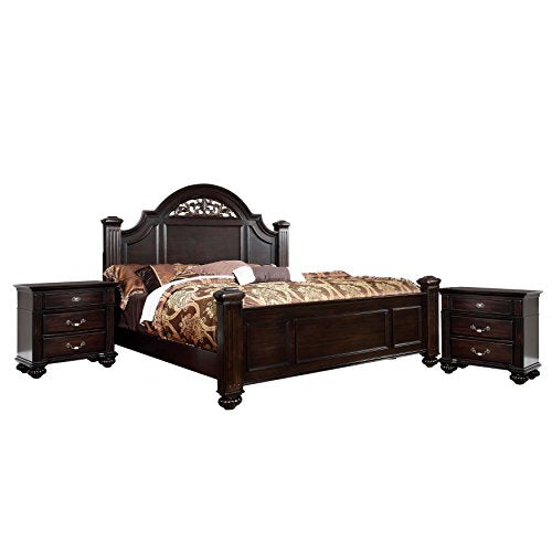 Malierd 3 Piece Traditional Bed Set with 2 Nightstands, Box Spring Required for Bedroom, King, Dark Walnut