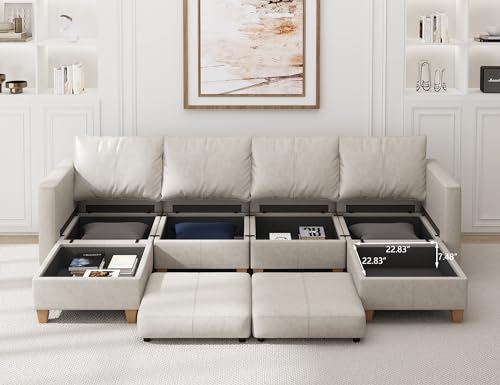 Modular Sectional Sofa with Storage, Faux Leather Sectional, Leather Couches for Living Room,Whitesand