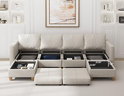 Modular Sectional Sofa with Storage, Faux Leather Sectional, Leather Couches for Living Room,Whitesand