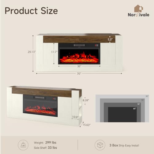 Modern 70 inch TV Stand with Electric Fireplace and Storage, White, view 3