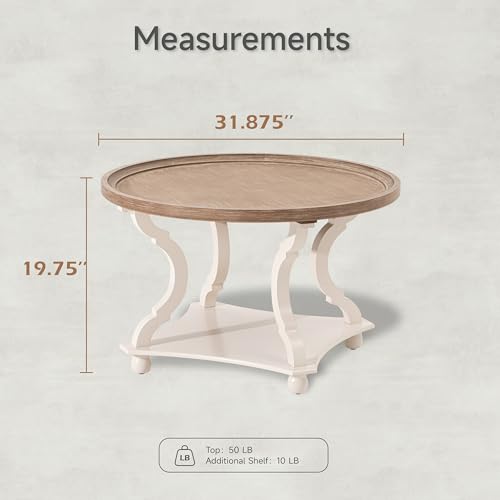 Round Farmhouse Coffee Table, Wood Tray Top, White, Circle