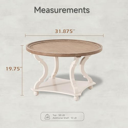 Round Farmhouse Coffee Table, Wood Tray Top, White, Circle